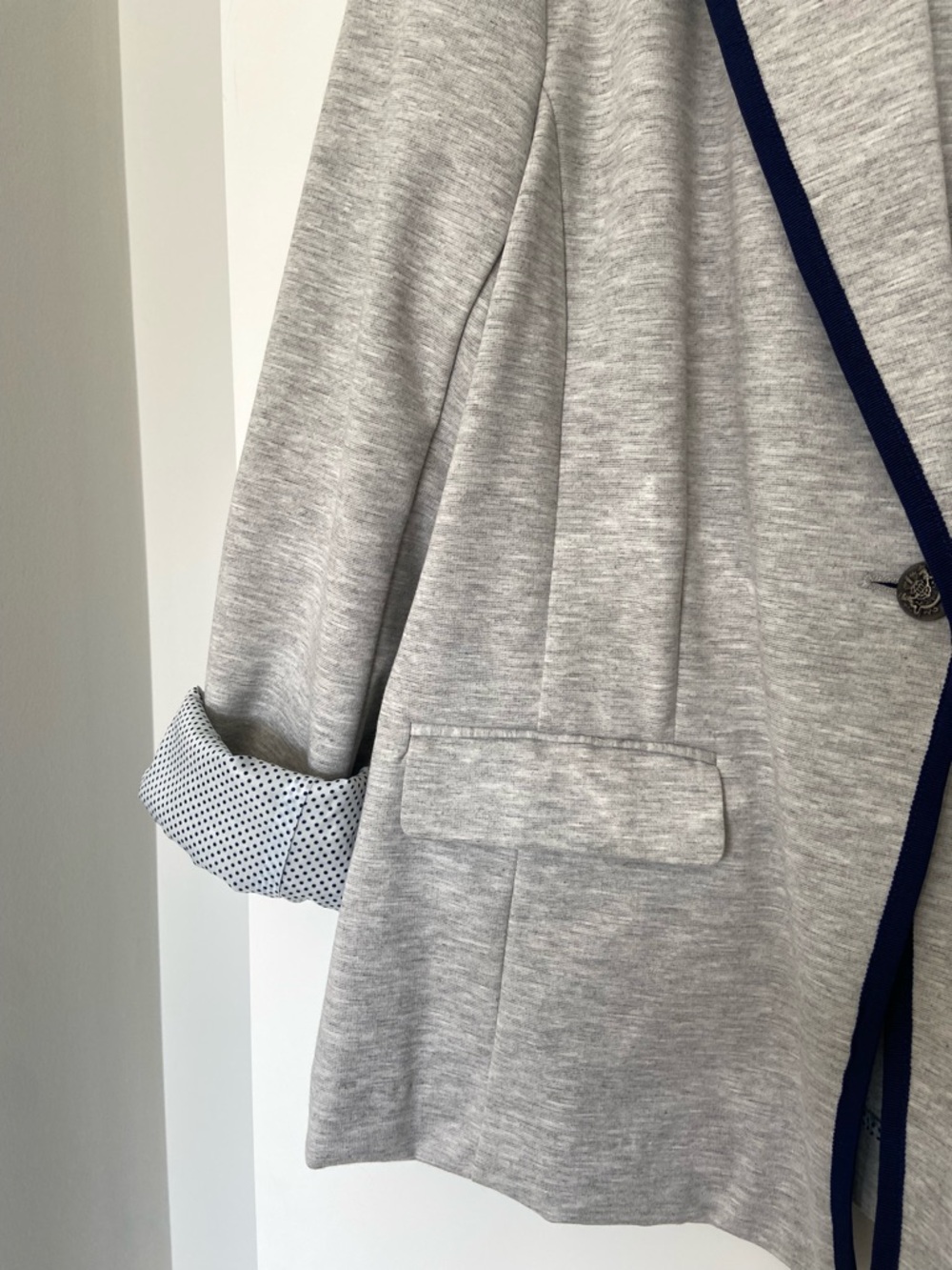 Grey Knit Blazer Large Stretch Jacket Navy Trim Lightweight Preppy EUC - Picture 4 of 11